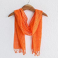Cotton scarf, 'Windows in Tangerine' - Handloomed Orange Cotton Scarf