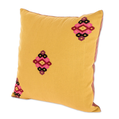 Cotton cushion cover, 'Amber Diamonds' - Mustard Colored Cotton Throw Pillow Cover from Guatemala