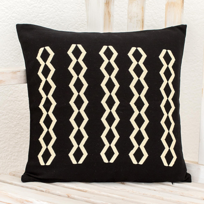 Cotton throw pillow cover, 'Zig Zag Ladders' - Black Cotton Throw Pillow Cover With Zig Zag Design in Ivory