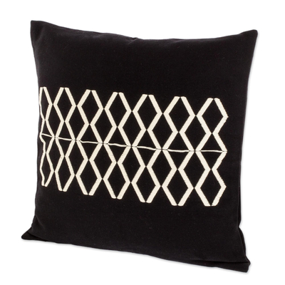 Cotton throw pillow cover, 'Divided Diamonds' - Black Cotton Throw Pillow Cover With Ivory Diamond Motif