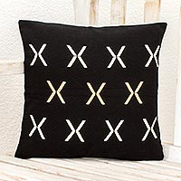 Cotton throw pillow cover, 'Tic Tac Toe' - Black Pedal Loomed Cotton Throw Pillow Cover With X Pattern