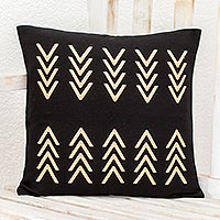 Cotton throw pillow cover, 'Opposing Arrows' - Black Cotton Throw Pillow Cover With Ivory Geometric Design