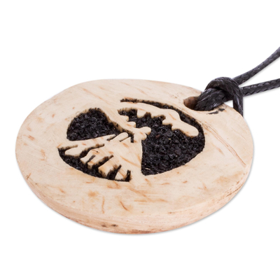Coconut shell and lava stone pendant necklace, 'Volcano of Fire' - Handmade Unisex Volcano Motif Necklace