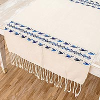 Cotton table runner, 'Mountain Birds' - Hand Woven Ivory Table Runner with Images of Birds