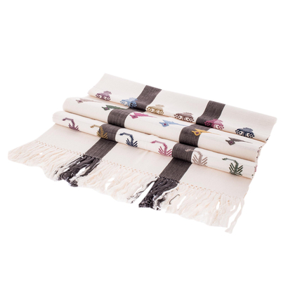 Cotton table runner, 'Deer and Swans' - 100% Cotton Loom Woven Table Runner with Swans and Deer