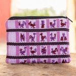 Cotton coin purse, 'Purple Flock' - Handwoven Purple Coin Purse With Bird Motif From Guatemala