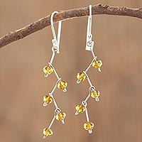 Crystal dangle earrings, 'Amber Sparkle' - Amber coloured Crystal Bead Earrings With Sterling Silver