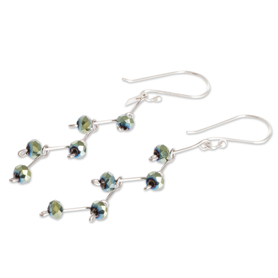Crystal dangle earrings, 'Green Iridescent' - Green Beaded Dangle Earrings With Sterling Silver Hooks