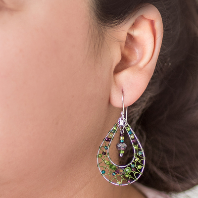 Crystal dangle earrings, 'Green Drop Sparkle' - Double Drop Dangle Earrings with Green Crystals and Filigree