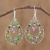Double Drop Dangle Earrings in Green and Purple Crystals,'Green and Purple Sparkle'