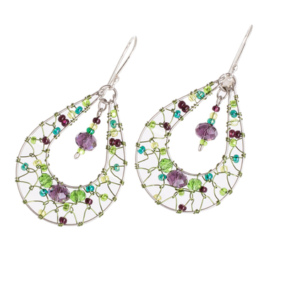 Crystal dangle earrings, 'Green and Purple Sparkle' - Double Drop Dangle Earrings in Green and Purple Crystals