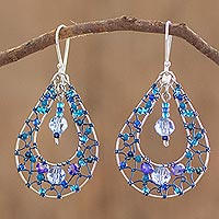 Crystal dangle earrings, 'Celeste Sparkle' - Double Drop Dangle Earrings With Blue Crystals and Filigree