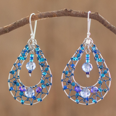 Crystal dangle earrings, 'Celeste Sparkle' - Double Drop Dangle Earrings With Blue Crystals and Filigree