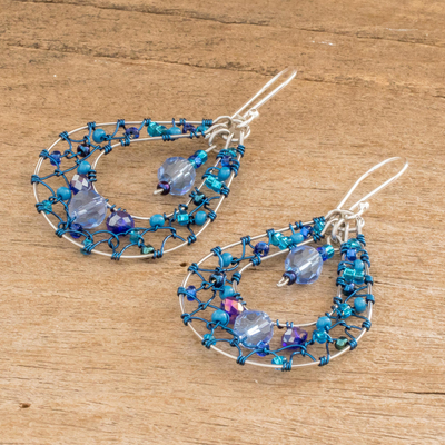 Kristall-Ohrhänger, „Celeste Sparkle“ – Doppelte Tropfen-Ohrringe mit blauen Kristallen und Filigran