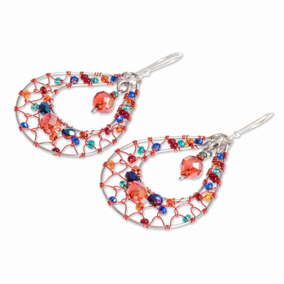 Crystal dangle earrings, 'Red and Blue Sparkle' - Double Drop Dangle Earrings With Red and Blue Crystals
