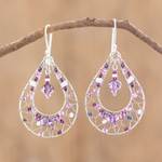 Crystal dangle earrings, 'Purple Drop Sparkle' - Double Drop Dangle Earrings With Purple Crystal Beads