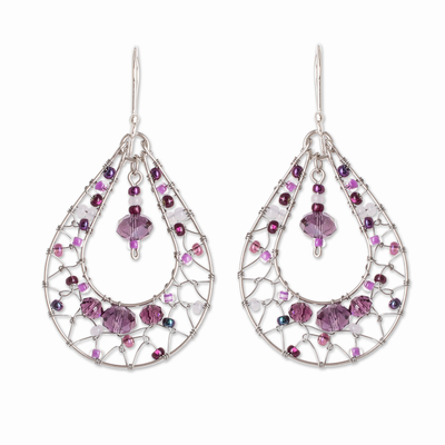 Crystal dangle earrings, 'Purple Drop Sparkle' - Double Drop Dangle Earrings With Purple Crystal Beads