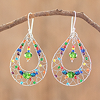 Crystal dangle earrings, 'Rainbow Sparkle' - Double Drop Rainbow Crystal Earrings With Filigree