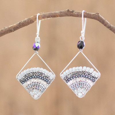 Beaded dangle earrings, 'Grey Rainbow' - Dangle Earrings With Rows of Grey Beads From Guatemala