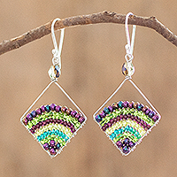 Beaded dangle earrings, 'Green and Purple Rainbow'