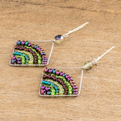Beaded dangle earrings, 'Green and Purple Rainbow' - Handmade Green and Purple Glass Beaded Dangle Earrings