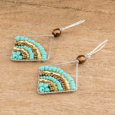 Beaded dangle earrings, 'Aqua Stripe Rainbow' - Glass Beaded Dangle Earrings With Sterling Silver Hooks