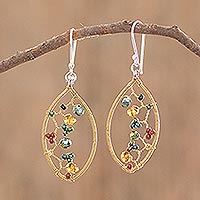 Beaded dangle earrings, 'Multicolour Crystal Web' - Multicolour Glass Beaded Dangle Earrings with Silver Hooks