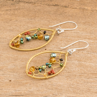 Beaded dangle earrings, 'Multicolor Crystal Web' - Multicolor Glass Beaded Dangle Earrings with Silver Hooks