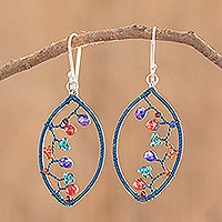 Copper beaded dangle earrings, 'Blue Copper Web' - Blue Copper Wire Web Inspired Dangle Earrings With Beads