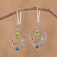 Beaded dangle earrings, 'Crystal Leaf' - Beaded and Filigree Beaded Dangle Earrings With Silver Hooks