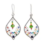 Beaded dangle earrings, 'Crystal Leaf' - Beaded and Filigree Beaded Dangle Earrings With Silver Hooks