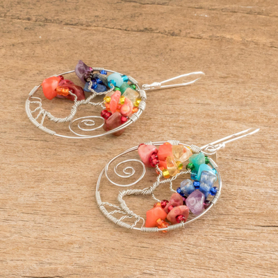 Multi-gemstone dangle earrings, 'Crystal Tree of Life' - Tree of Life Themed Dangle Earrings With Beads and Gems