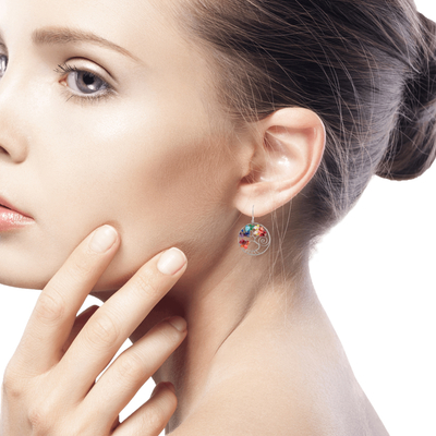Ohrhänger mit mehreren Edelsteinen - Ohrhänger mit Baum des Lebens-Thema, Perlen und Edelsteinen