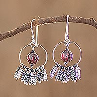 Beaded dangle earrings, 'Purple Center Waterfall' - Glass Beaded Circle and Waterfall Style Earrings