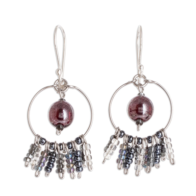 Beaded dangle earrings, 'Purple Center Waterfall' - Glass Beaded Circle and Waterfall Style Earrings