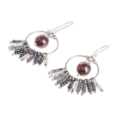 Beaded dangle earrings, 'Purple centre Waterfall' - Glass Beaded Circle and Waterfall Style Earrings