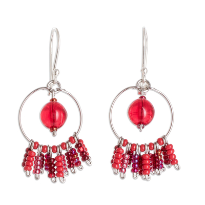 Beaded dangle earrings, 'Red Waterfall' - Red Beaded Stainless Steel and Sterling Silver Earrings
