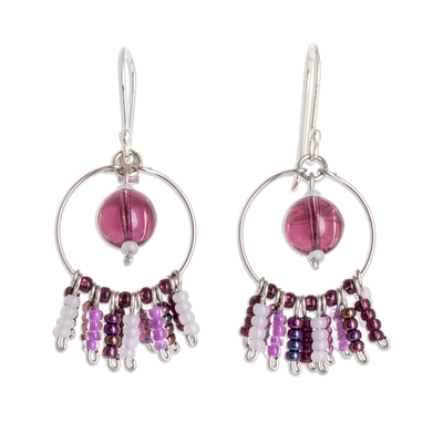 Beaded dangle earrings, 'Purple Waterfall' - Purple Beaded Dangle Earrings With Sterling Silver Hooks
