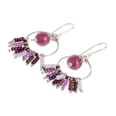 Beaded dangle earrings, 'Purple Waterfall' - Purple Beaded Dangle Earrings With Sterling Silver Hooks