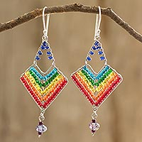 Beaded dangle earrings, 'Rainbow Arrowhead' - Rainbow Dangle Earrings With Beads and Sterling Silver Hooks