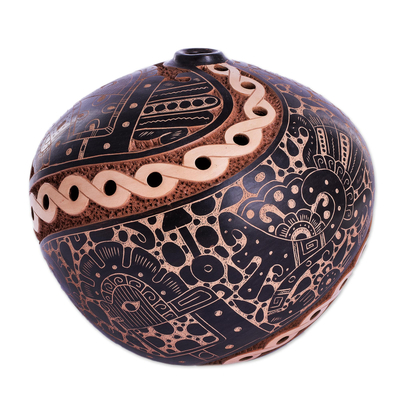 Ceramic Ball Shaped Ornamental Vase in Black Ochre and Beige