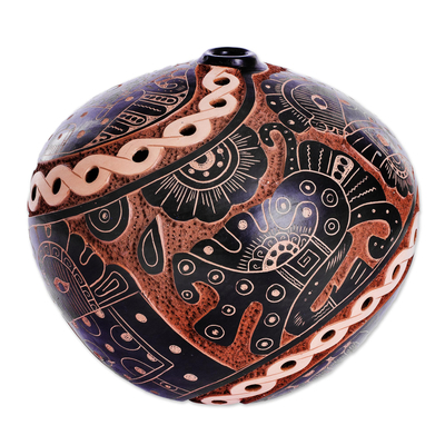 Dekorative Vase aus Keramik, 'Geometrische Terrakotta'. - Ornamentale Vase aus Keramik in Kugelform in Schwarz-Ocker und Beige