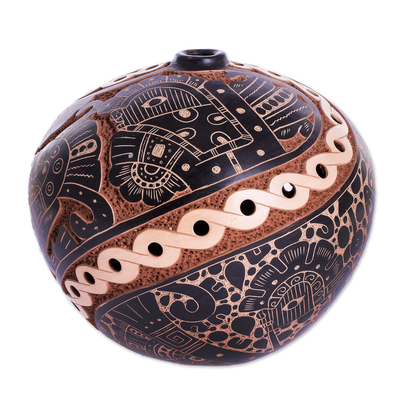 Jarrón decorativo de cerámica - Jarrón ornamental en forma de bola de cerámica en ocre negro y beige