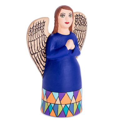 Ceramic sculpture, 'Central American Angel' - Hand Painted Ceramic Praying Angel Figure in Blue Dress