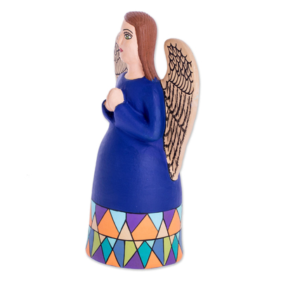 Ceramic sculpture, 'Central American Angel' - Hand Painted Ceramic Praying Angel Figure in Blue Dress