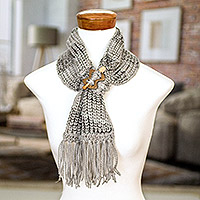 Wrap scarf with clip, 'Costa Rican Grey' - Acrylic Multi Grey Tone Wrap Scarf with Wood Clip
