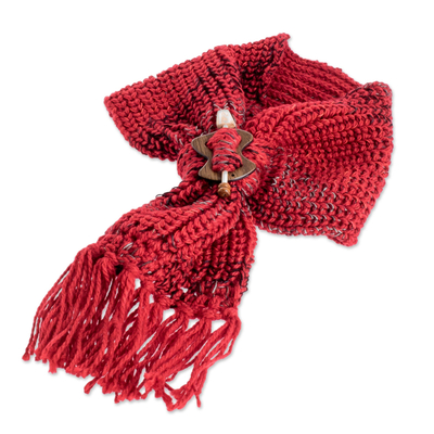 Wrap scarf with clip, 'Wrapped Fire' - Lightweight Deep Red Acrylic Scarf with Wood Clip