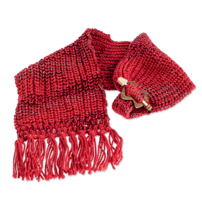 Wrap scarf with clip, 'Wrapped Fire' - Lightweight Deep Red Acrylic Scarf with Wood Clip