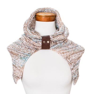 Hooded capelet, 'Brown Modern  Cowl' - Knit Hooded Capelet in Brown and Blue
