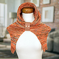 Hooded capelet, 'Orange Modern Cowl' - Orange Knit Hood and Cape Combination from Costa Rica